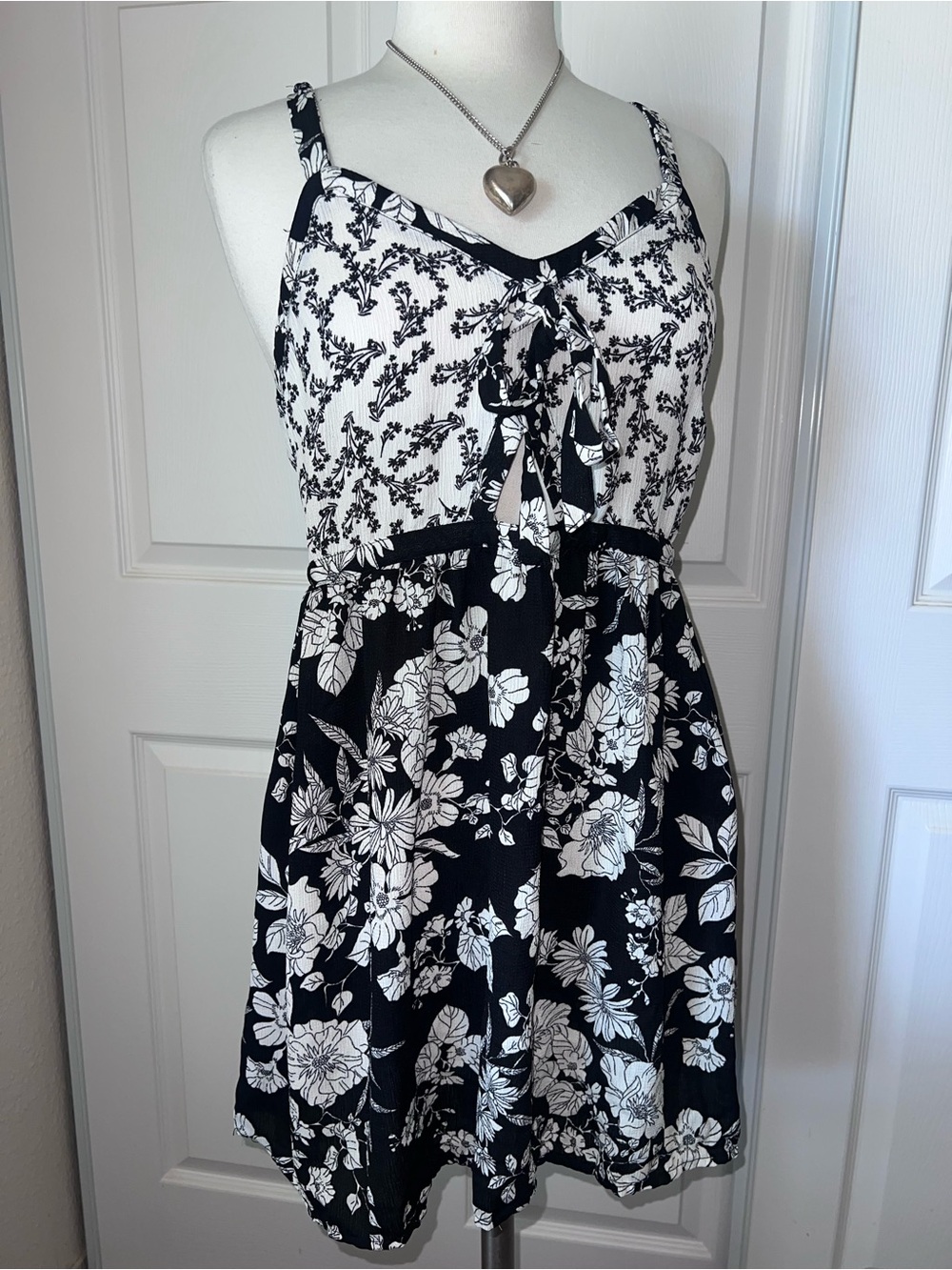 Xhilaration Black and White Floral Tie-Front Mini Dress